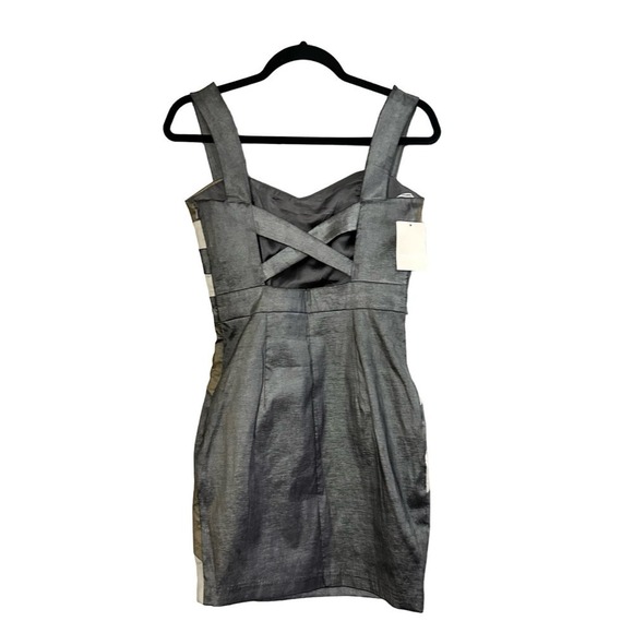 JESSICA MCCLINTOCK Platinum Bronze Cross Back Metallic Stretch Mini Dress 6 NWT - Picture 2 of 4